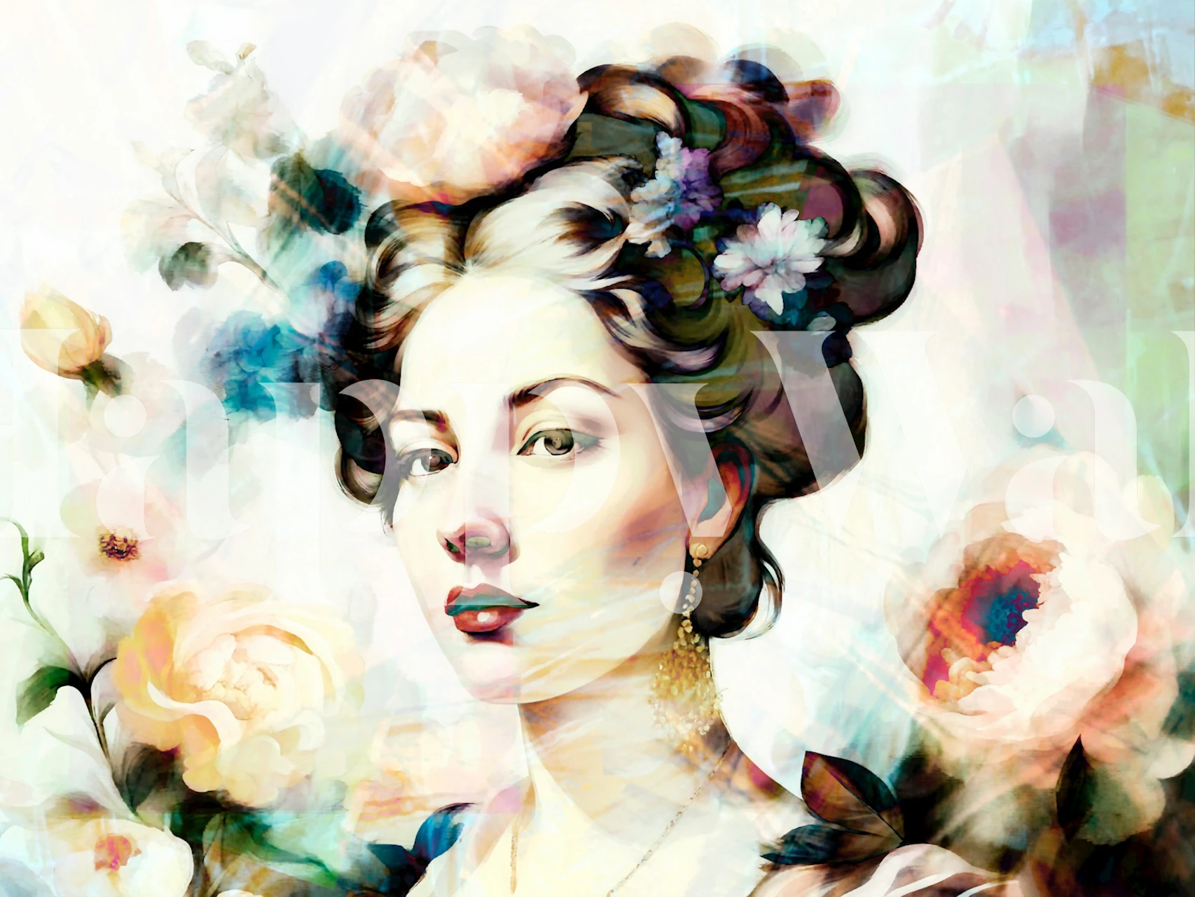 Floral portrait of a woman with soft colors and flowers, artistic wallpaper