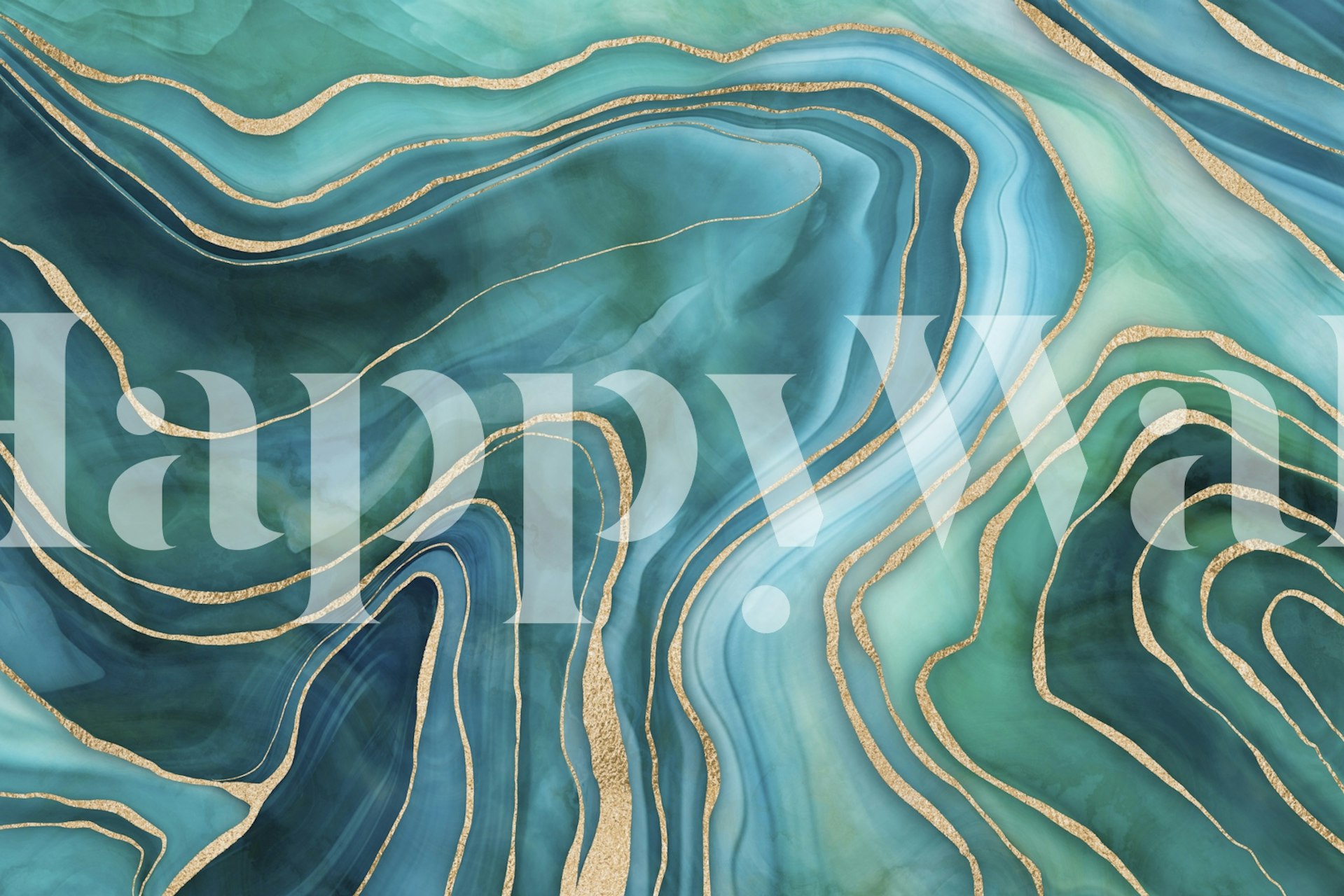 Tapeta Marble Reverie Teal Gold vystavená v místnosti