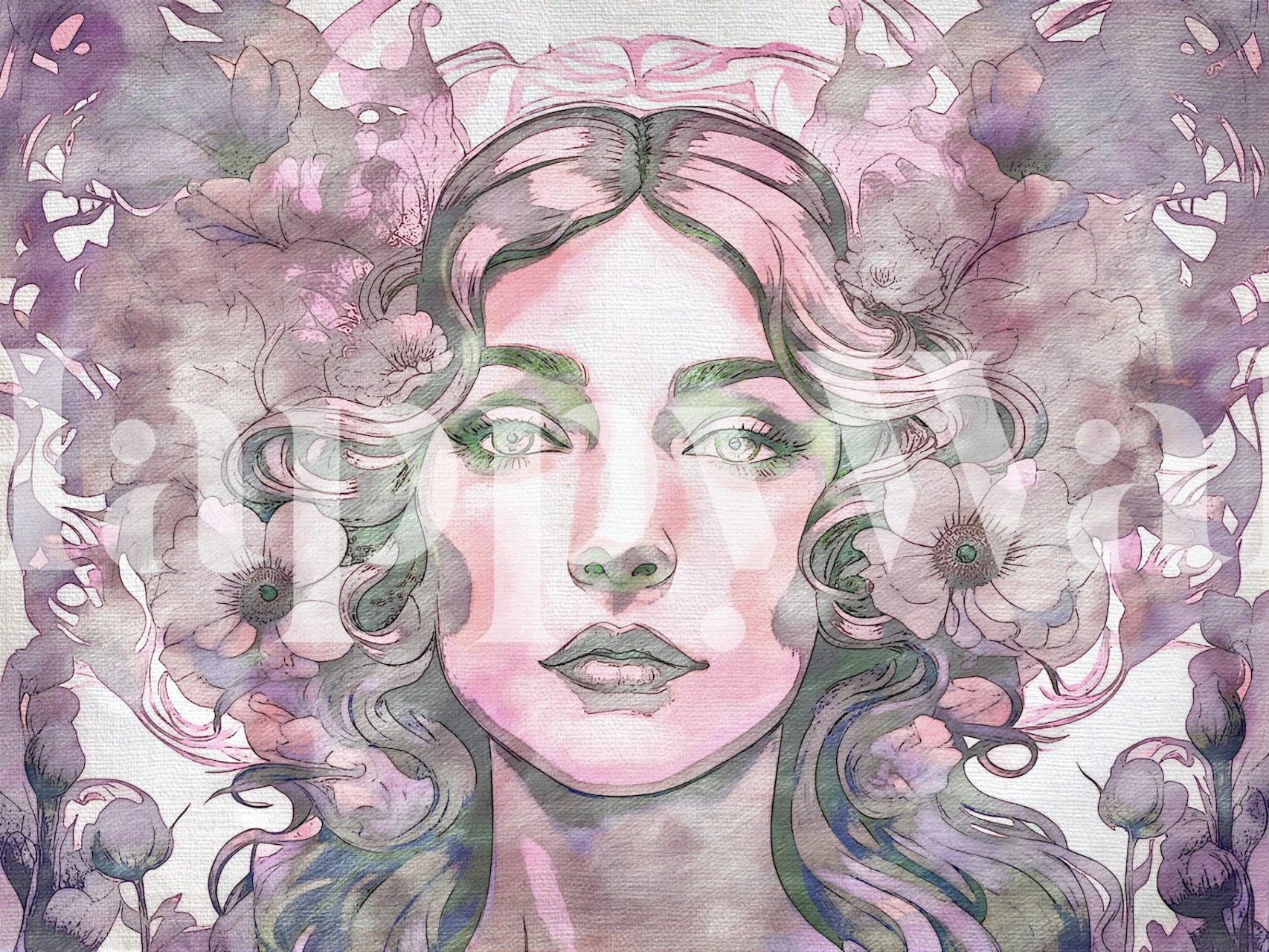 Ethereal woman's portrait with summer flowers wall mural