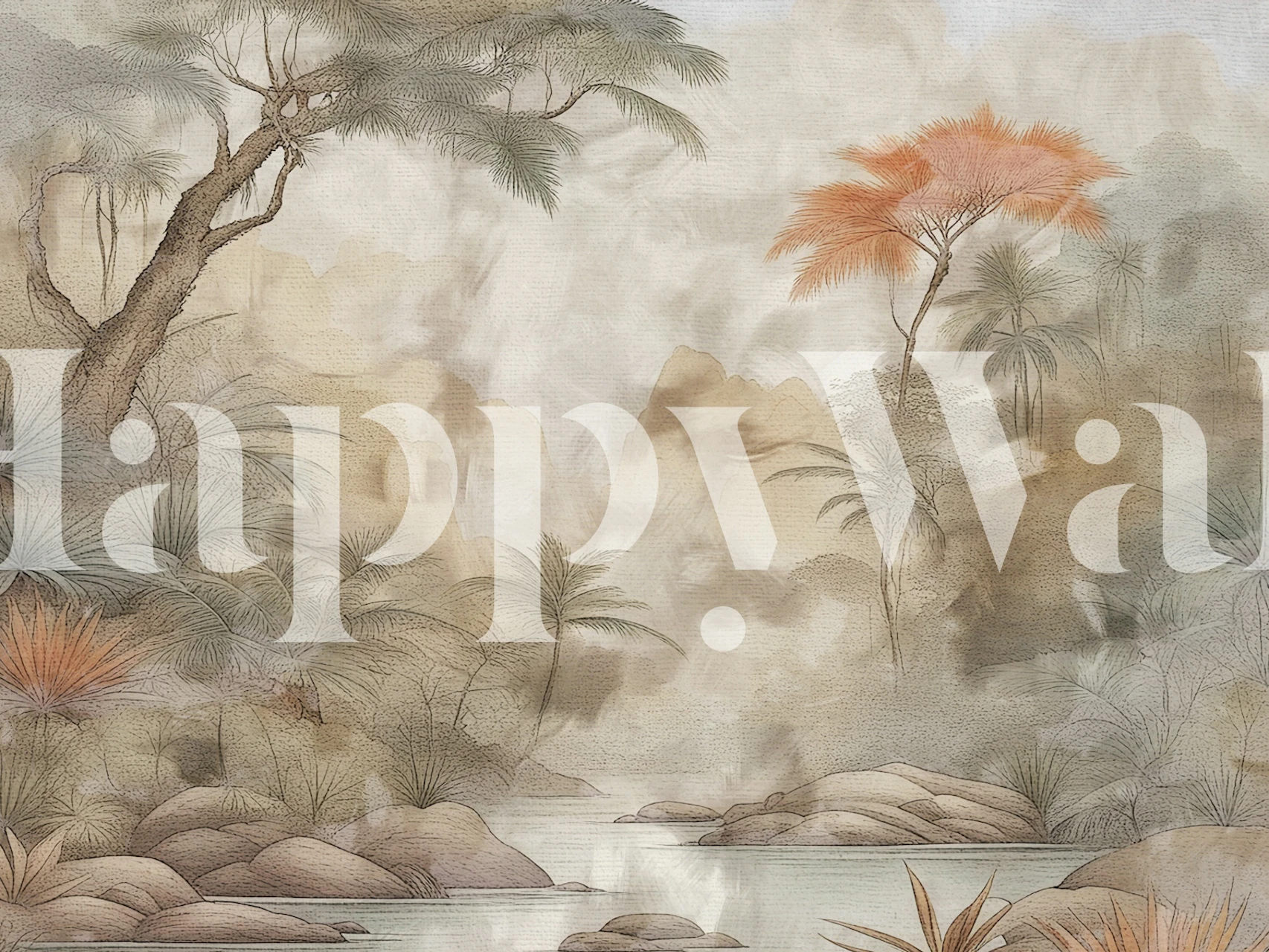 Romantyczna i inspirowana stylem vintage fototapeta z dżunglą z bujnymi liśćmi i wodą.