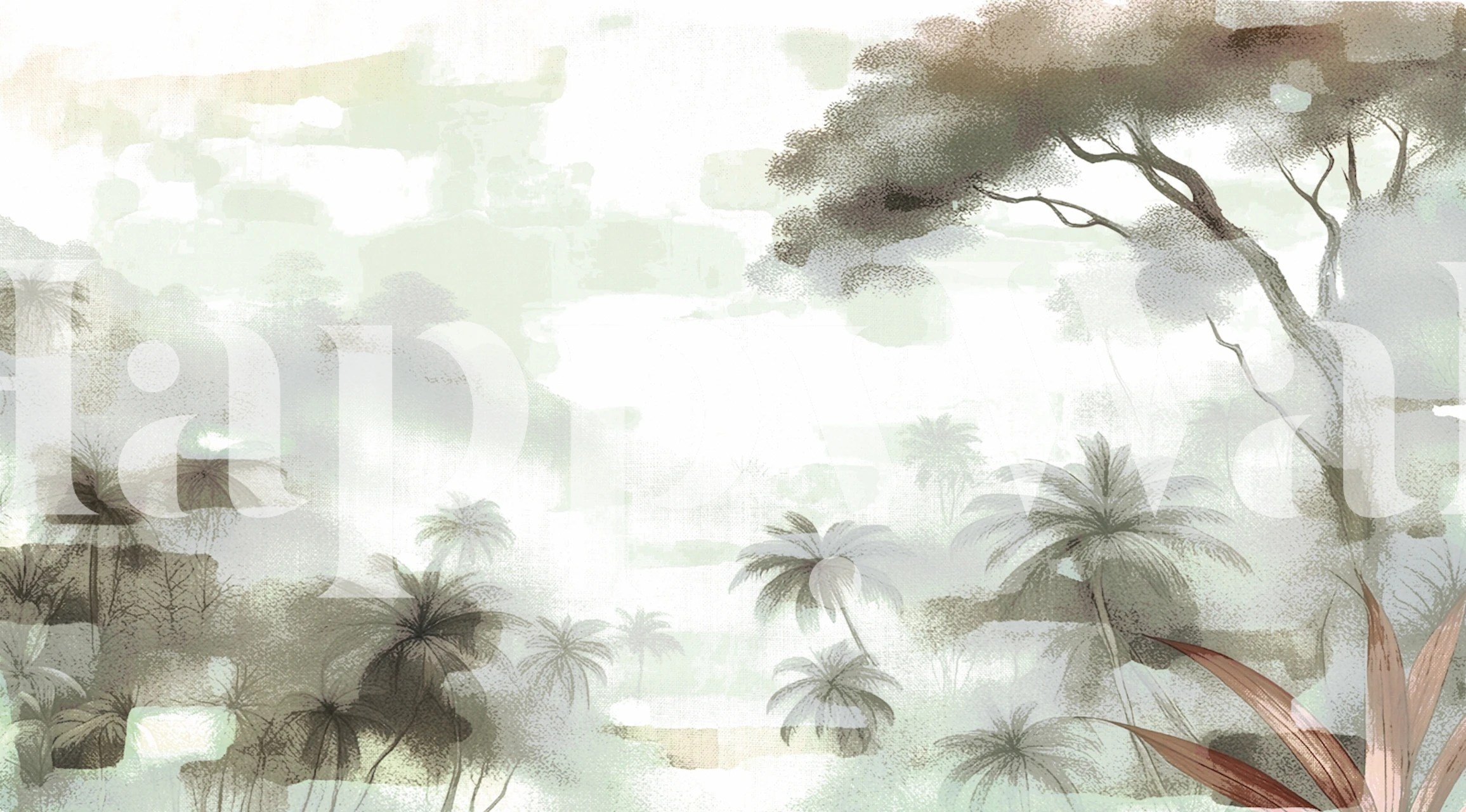 Tropical jungle scene with palm trees and soft hues wallpaper