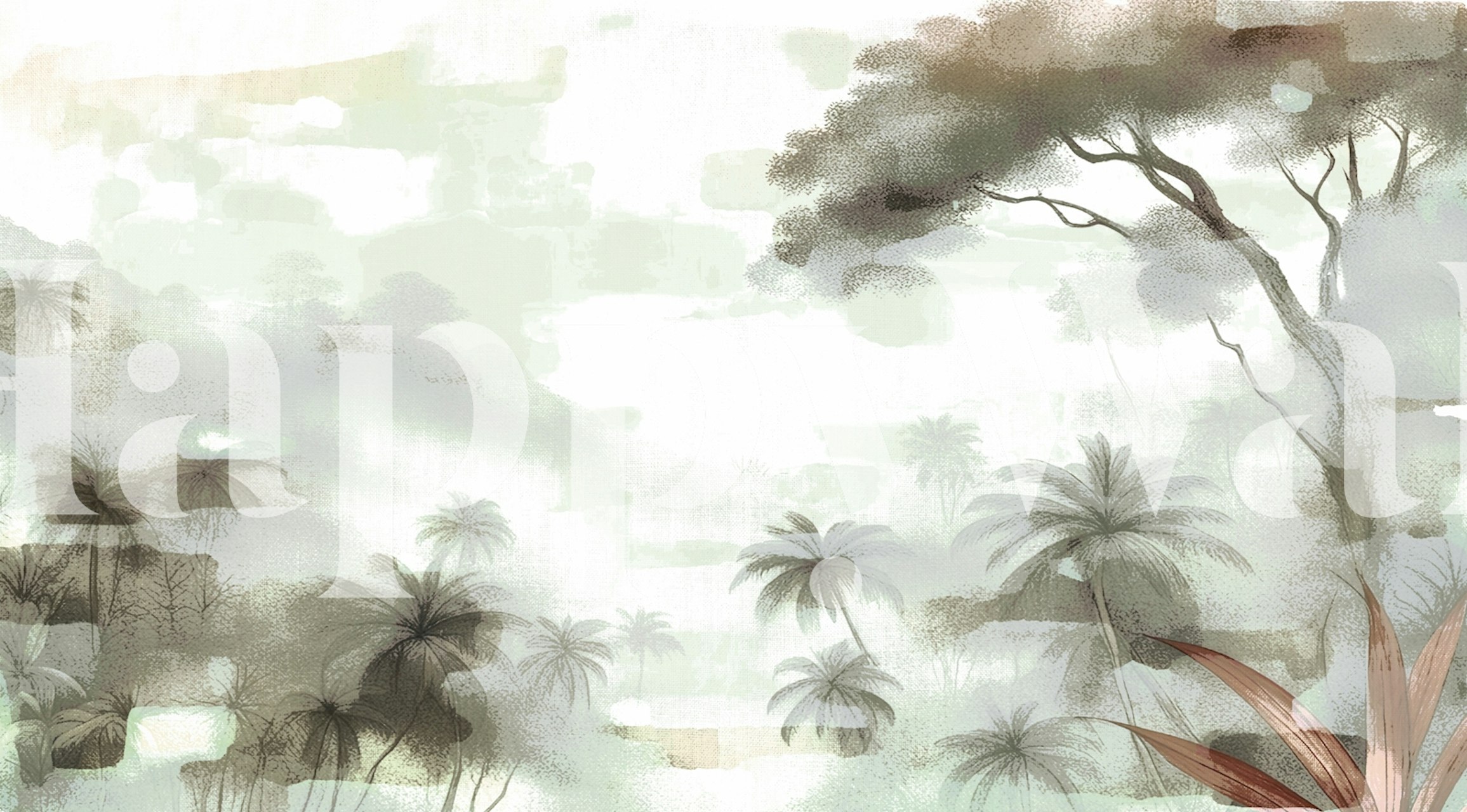 Tropical jungle scene with palm trees and soft hues wallpaper