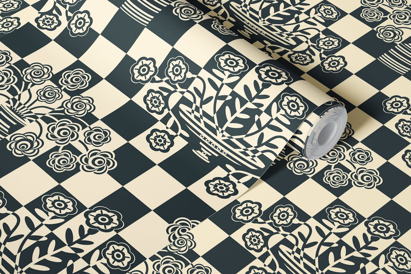 OP-ULENCE Retro Checkered Floral Black Ivory wallpaper roll