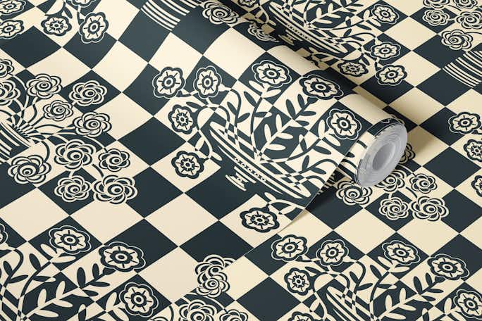 OP-ULENCE Retro Checkered Floral Black Whitewallpaper roll