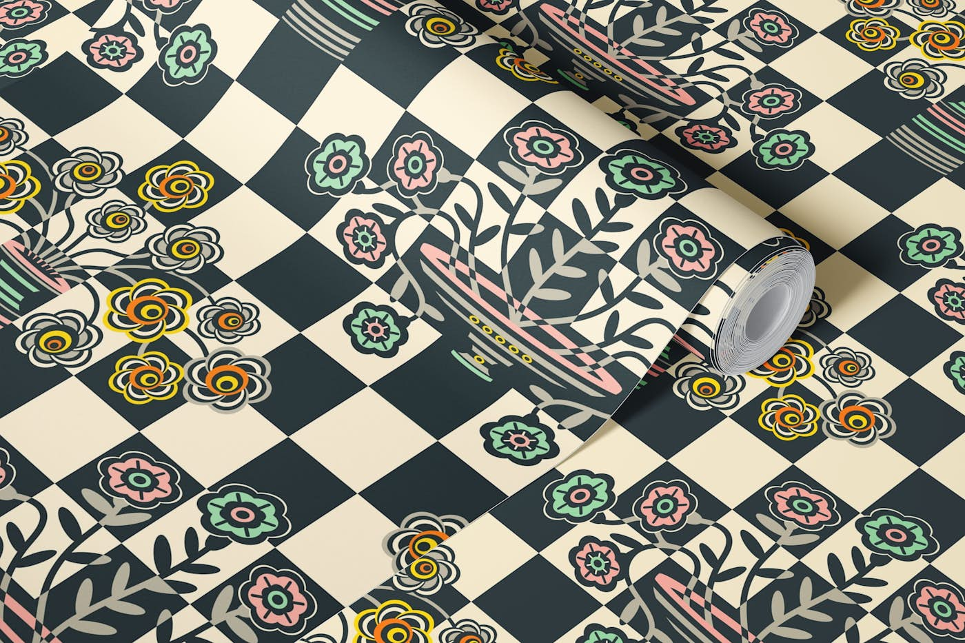 OP-ULENCE Retro Checkered Floral Multi-Colors wallpaper roll