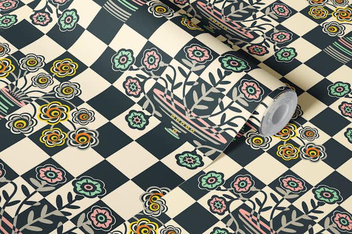 OP-ULENCE Retro Checkered Floral Multi-Colorswallpaper roll