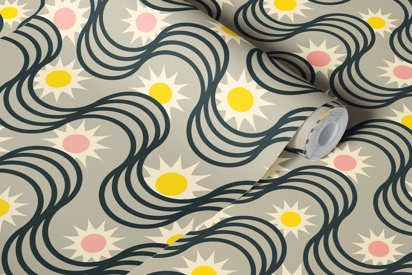 RISE AND SHINE Retro Rising Sun Waves - Gray wallpaper roll