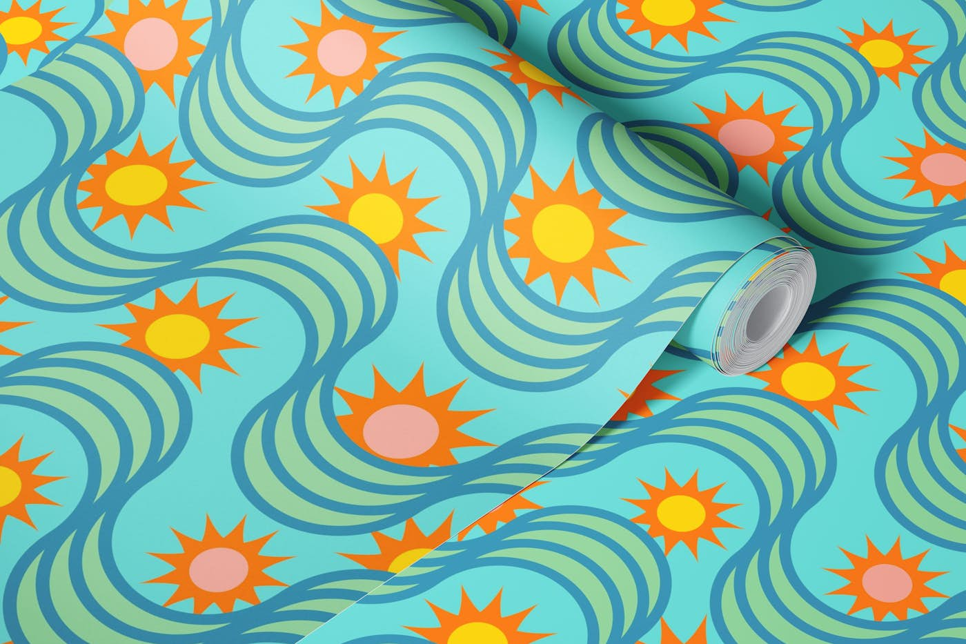 RISE AND SHINE Retro Rising Sun Waves - Blue wallpaper roll