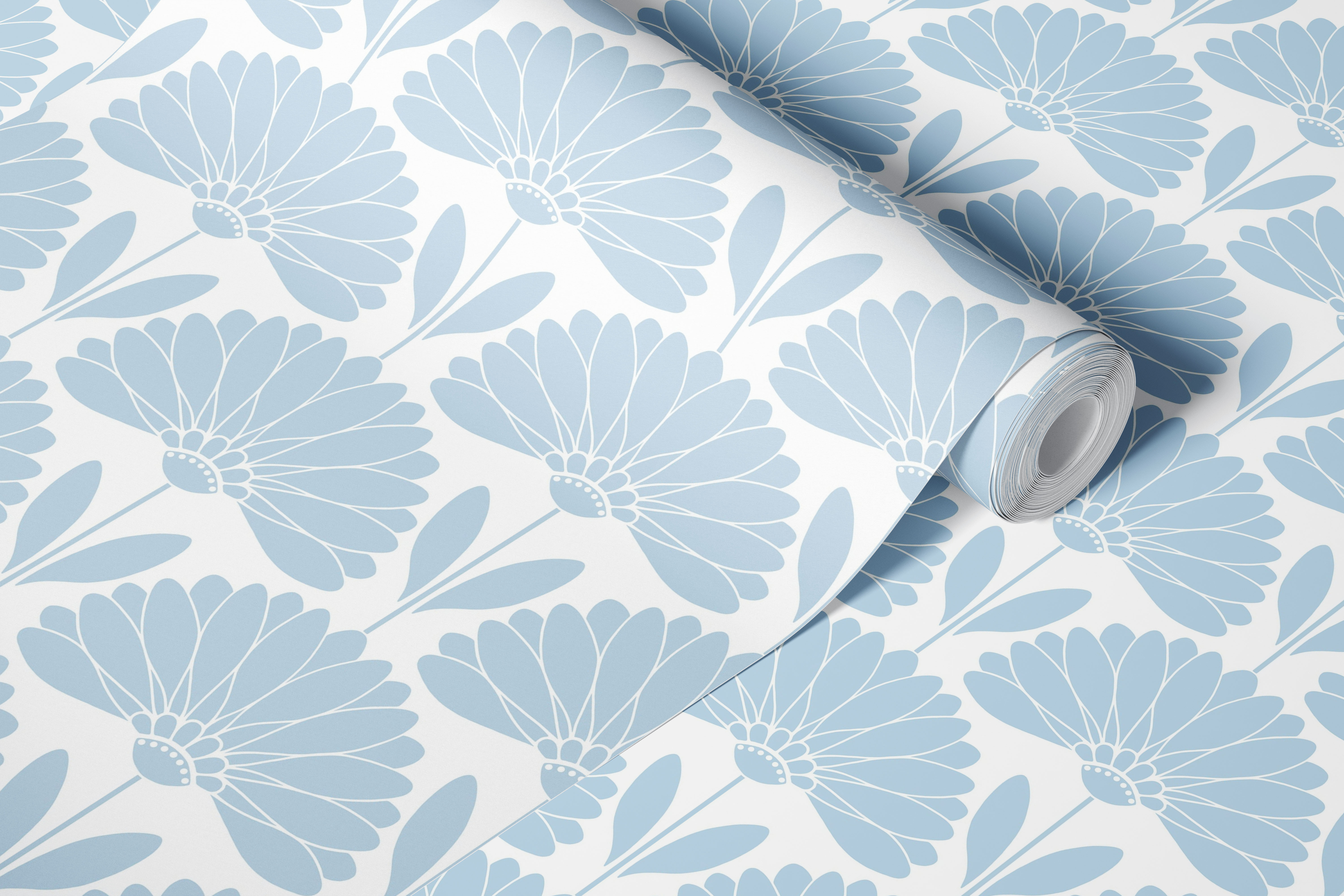 Daisy pattern wallpaper in blue and white