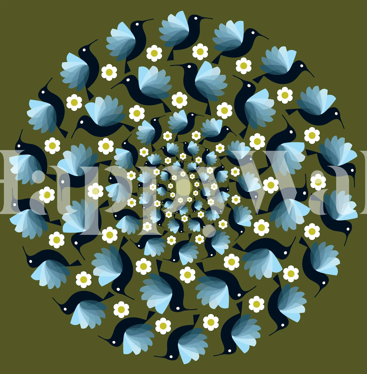 Hummingbirds and blue flowers on green background wallpaper