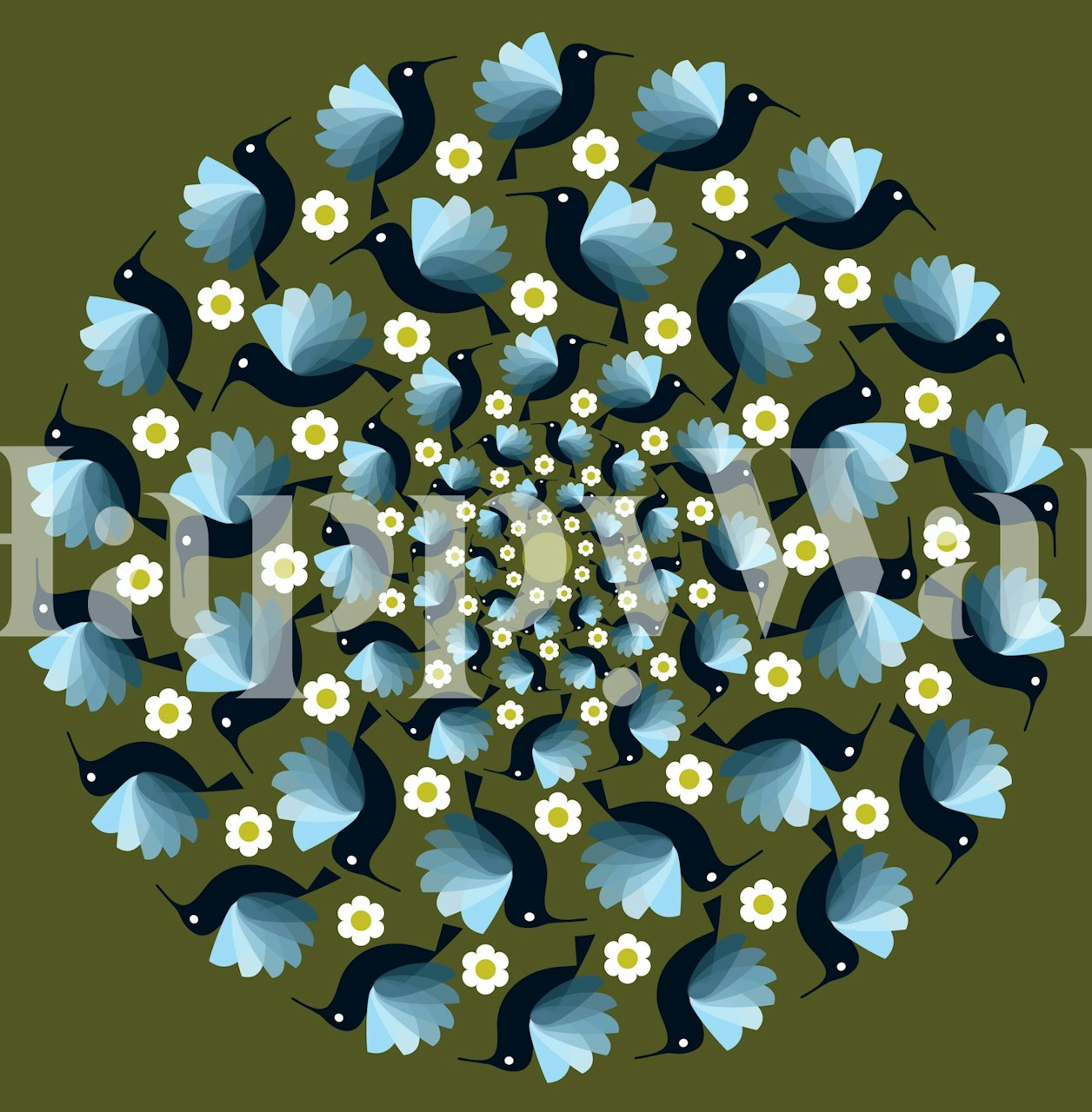 Zidna slika s kolibrićem i cvjetnim uzorkom na maslinastozelenoj pozadini