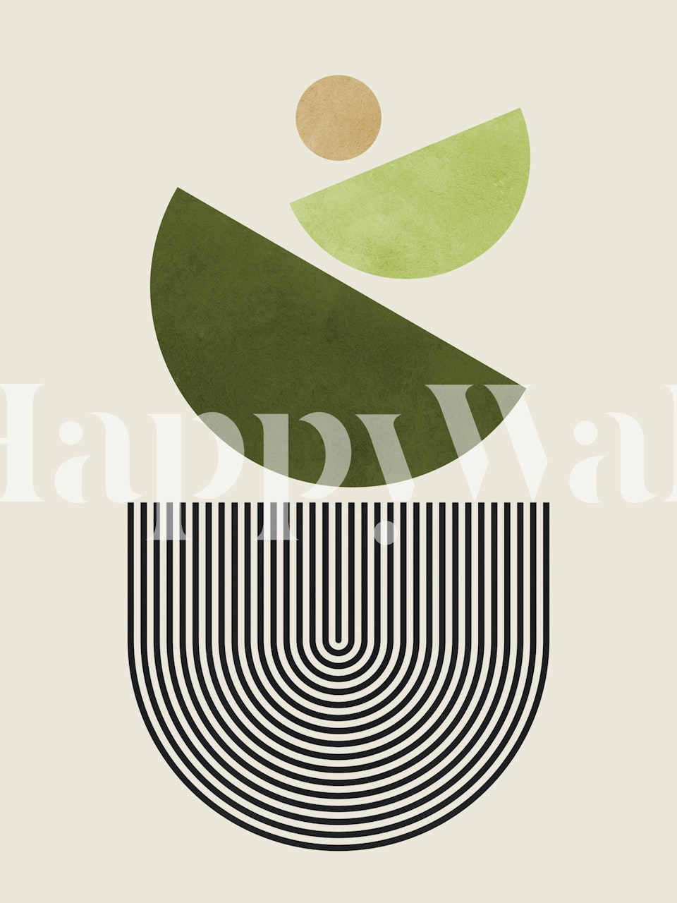 Geometric design with green and beige circles and black stripes wallpaper