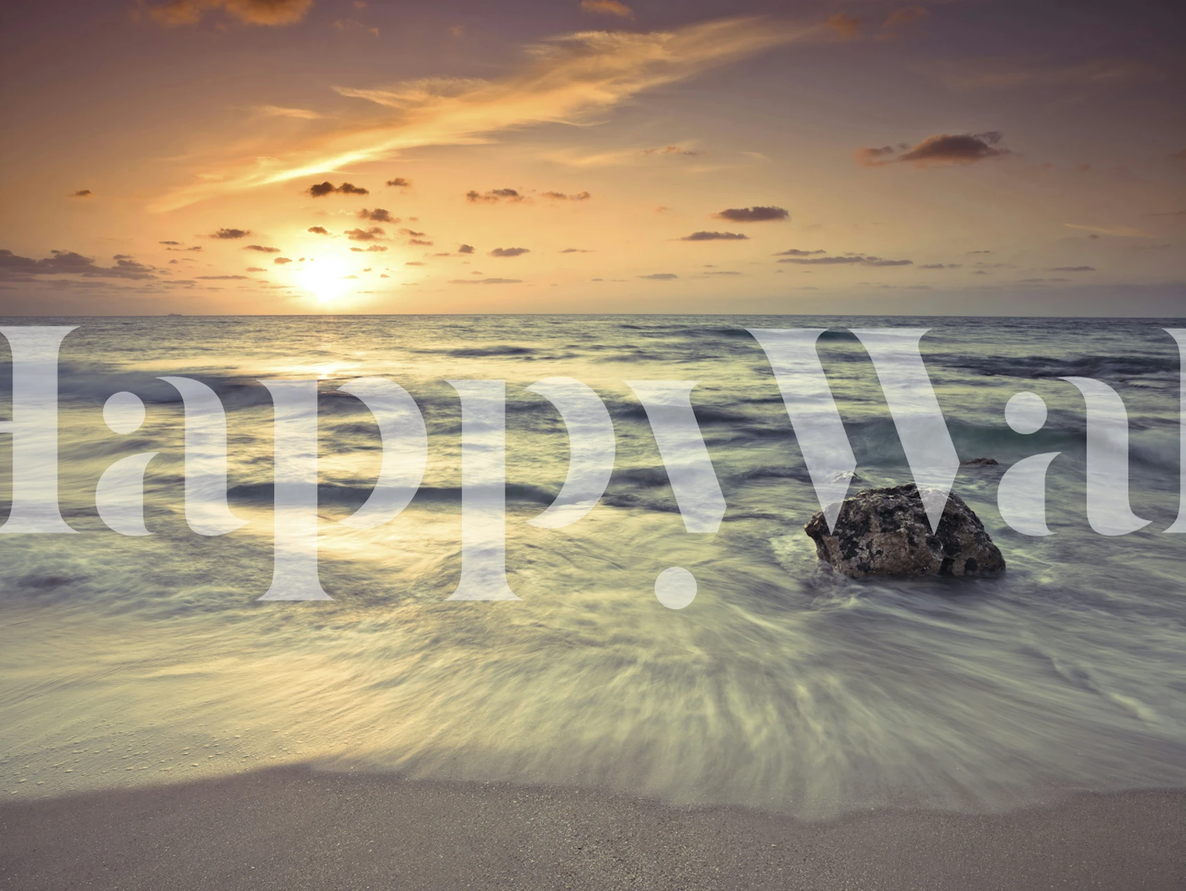 Pôr do sol noturno na praia com ondas e um único fotomural vinílico de parede de pedra
