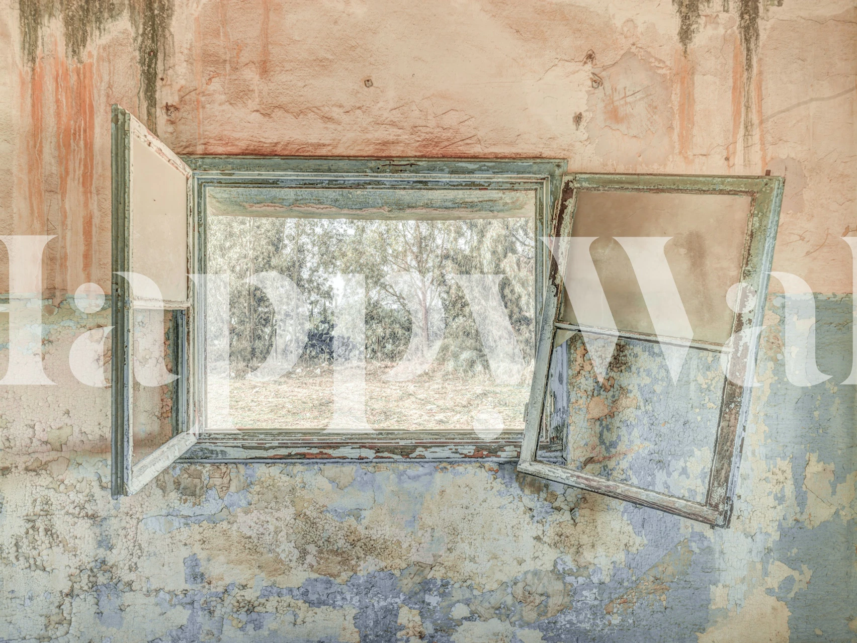 Rustic wallpaper met open window uitzicht