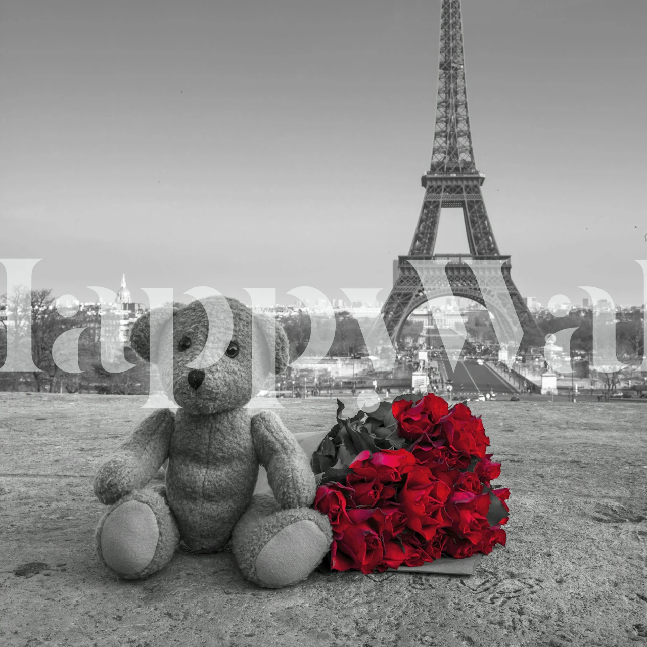 Teddy bear with red roses in front of Eiffel Tower in black and white wallpaper