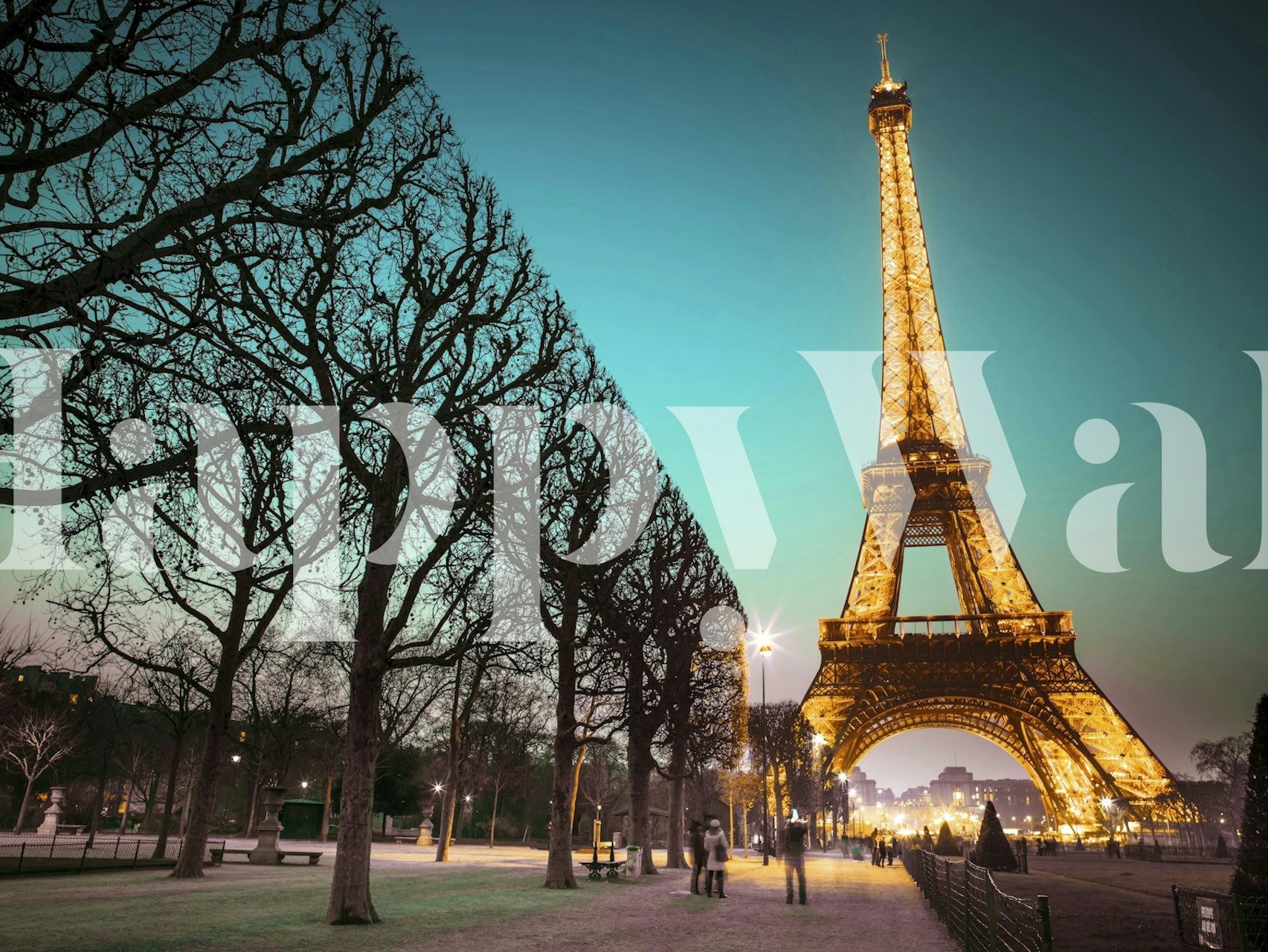 Eiffel Tower illuminated at night with silhouette trees, blue and orange gradient wallpaper