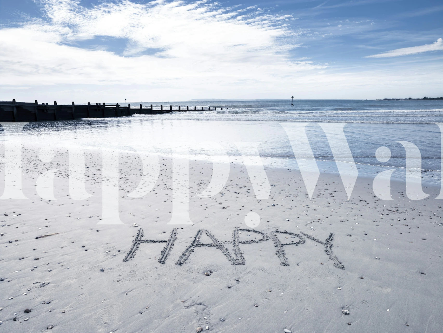 Coastal beach scene with 'HAPPY' written in sand, blue water wallpaper
