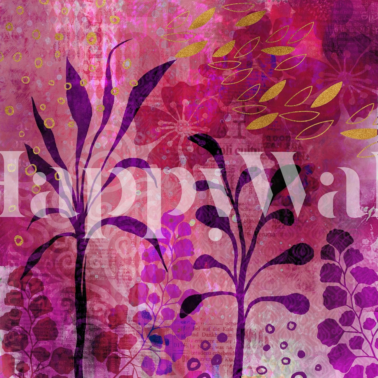 Pink floral designs with purple leaves and gold accents wallpaper