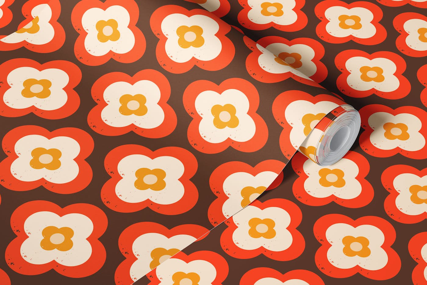 Mod 70s Flower Daisy Orange - Mid Century wallpaper roll