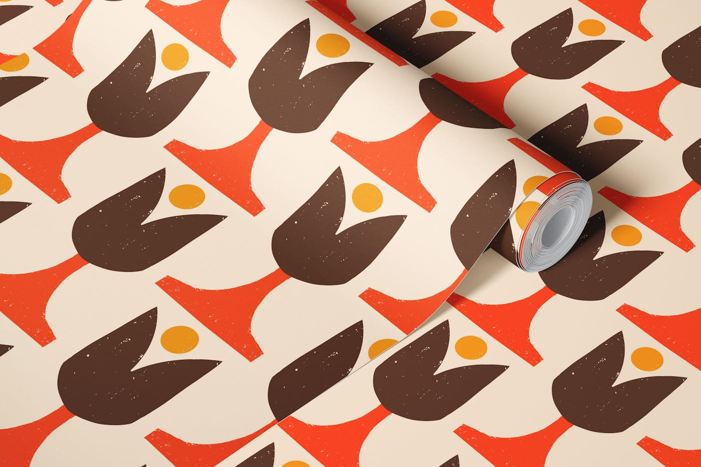 Mod 70s Floral Tulip Vanilla Brown wallpaper roll