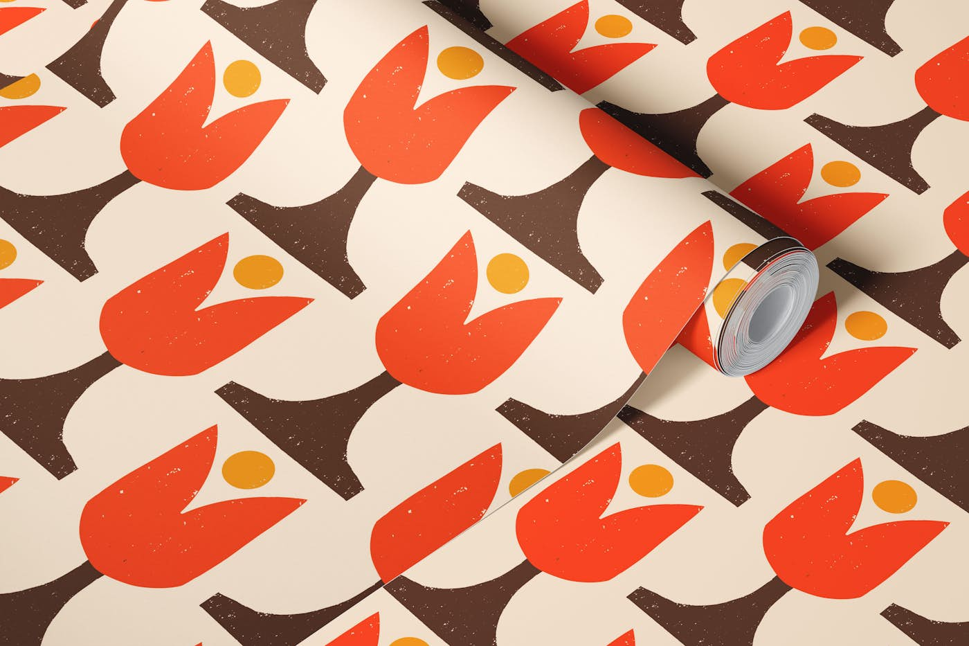 Mod 70s Flower Tulip Vanilla Brown wallpaper roll