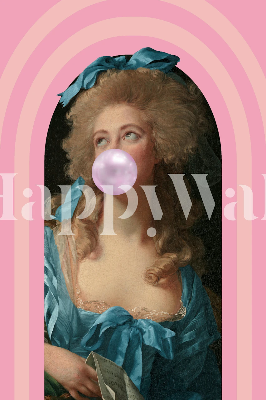 Kvinde i klassisk kunststil i blå kjole, der puster et lyserødt tyggegummi