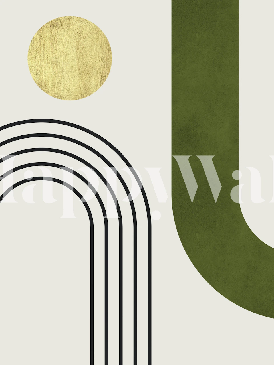 Abstract watercolor circles and lines wall mural in muted green and gold tones