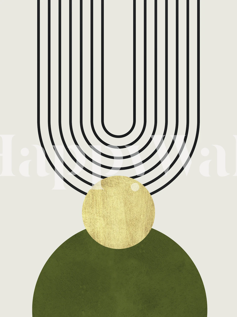 Abstract green circles with gold accents and black lines wallpaper