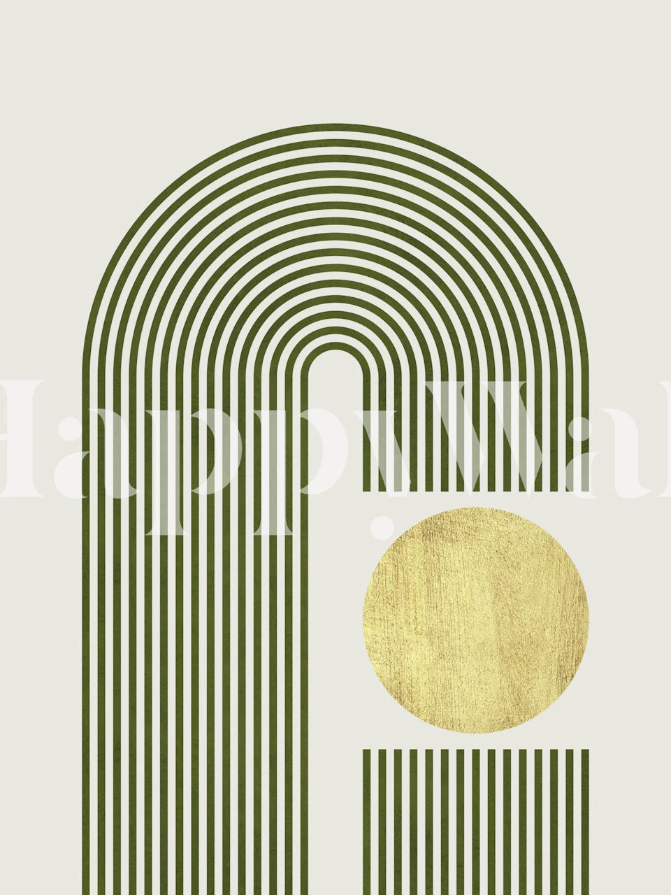 Watercolor circles and lines wall mural in green and gold tones