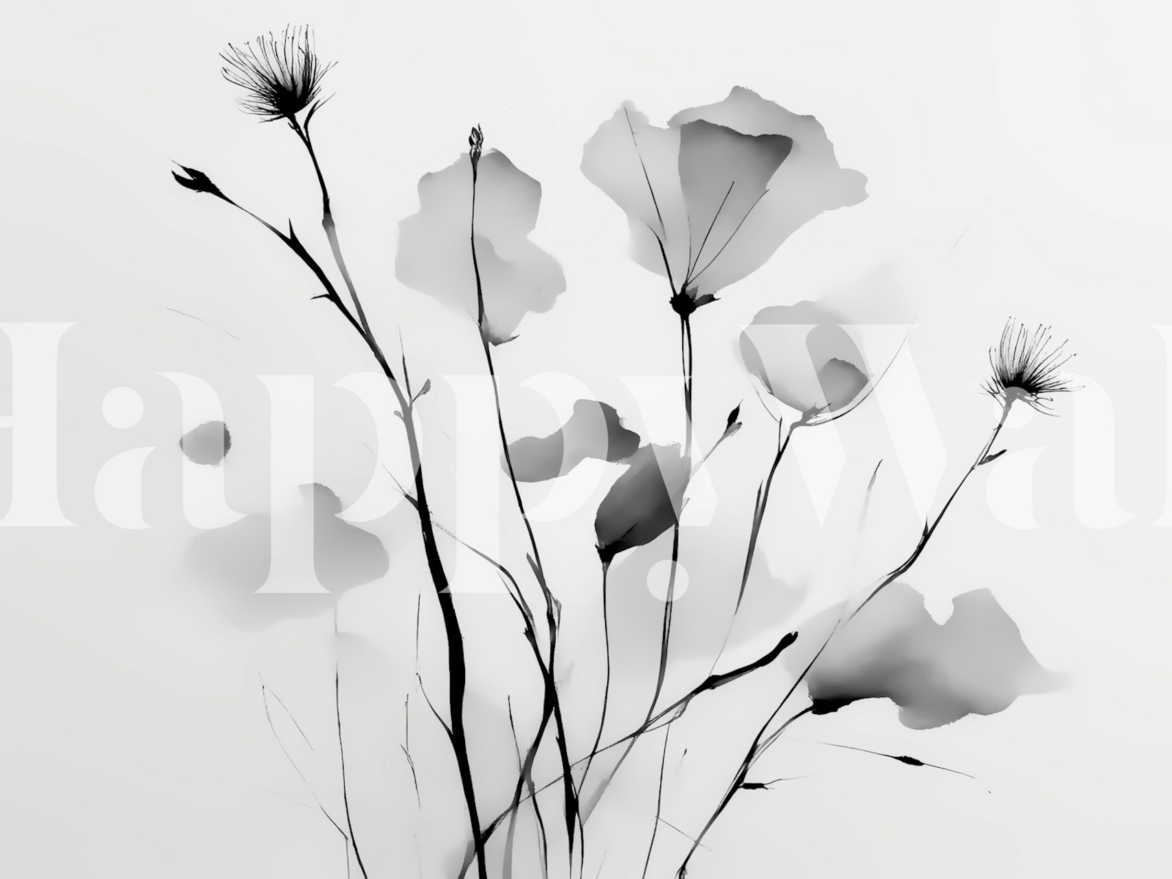 Japanese Meadow Black White floral wall mural in a monochrome style