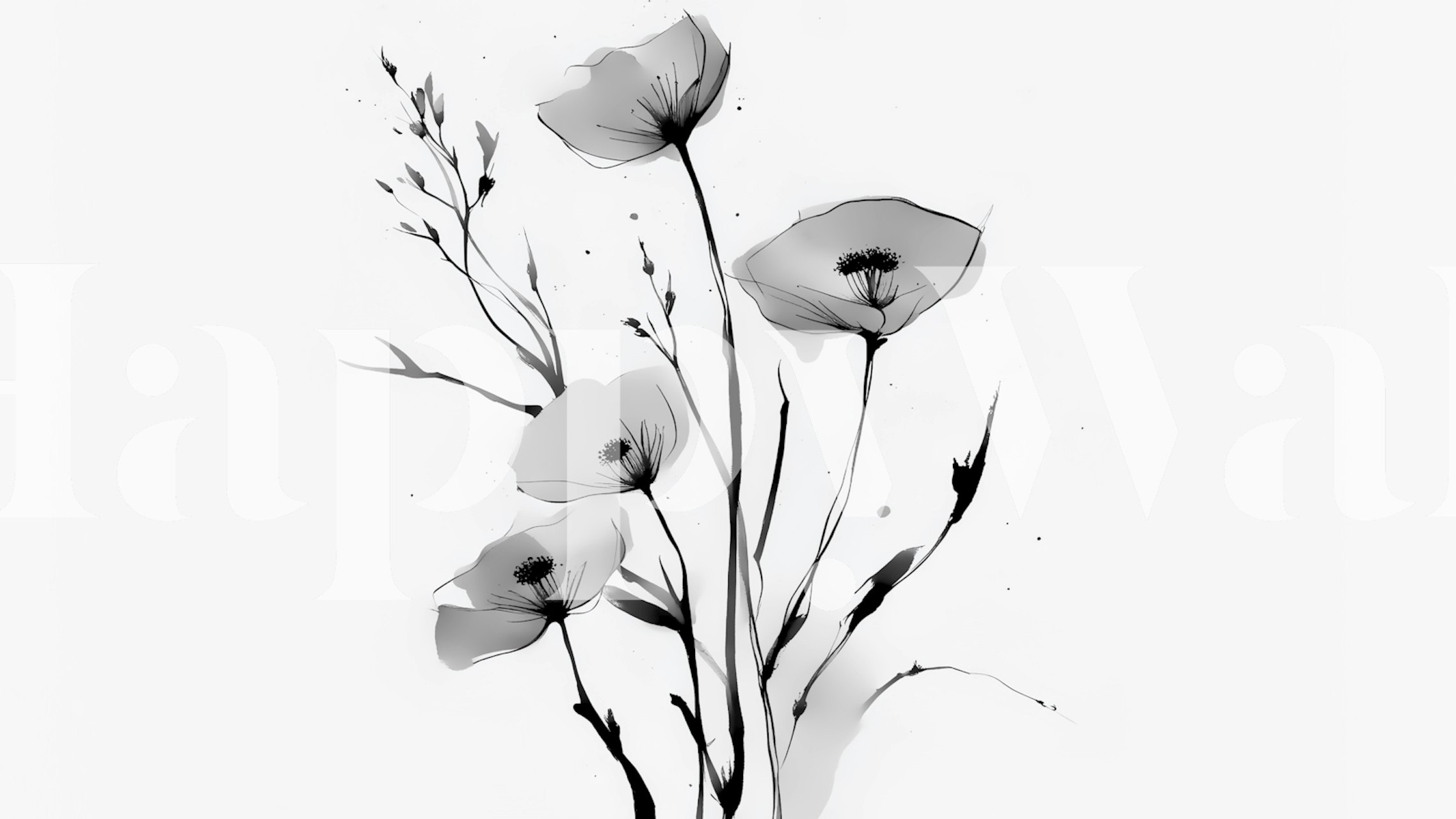 Sort og hvid japansk vildblomst vægmaleri, der viser en zen-eng