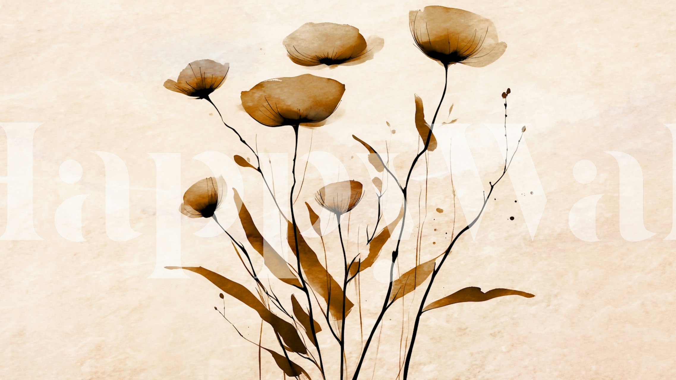 Beige flower designs with delicate stems and leaves wallpaper