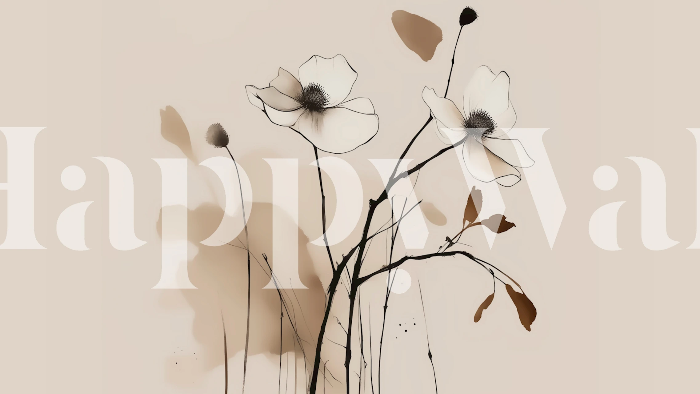 Wabi Sabi style floral wallpaper in beige and brown tones