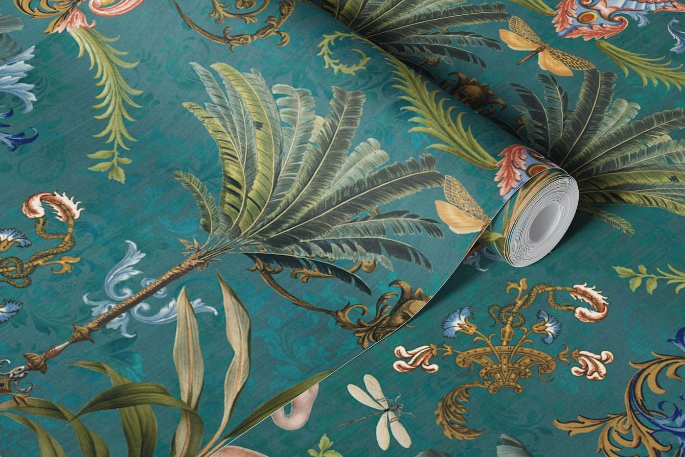 Vintage Bohemian Elegance With Flamingo Teal wallpaper roll