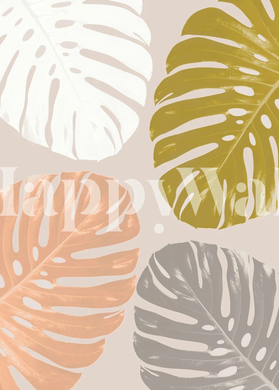 Monstera leaves in neutral tones of grey, beige, and green wallpaper