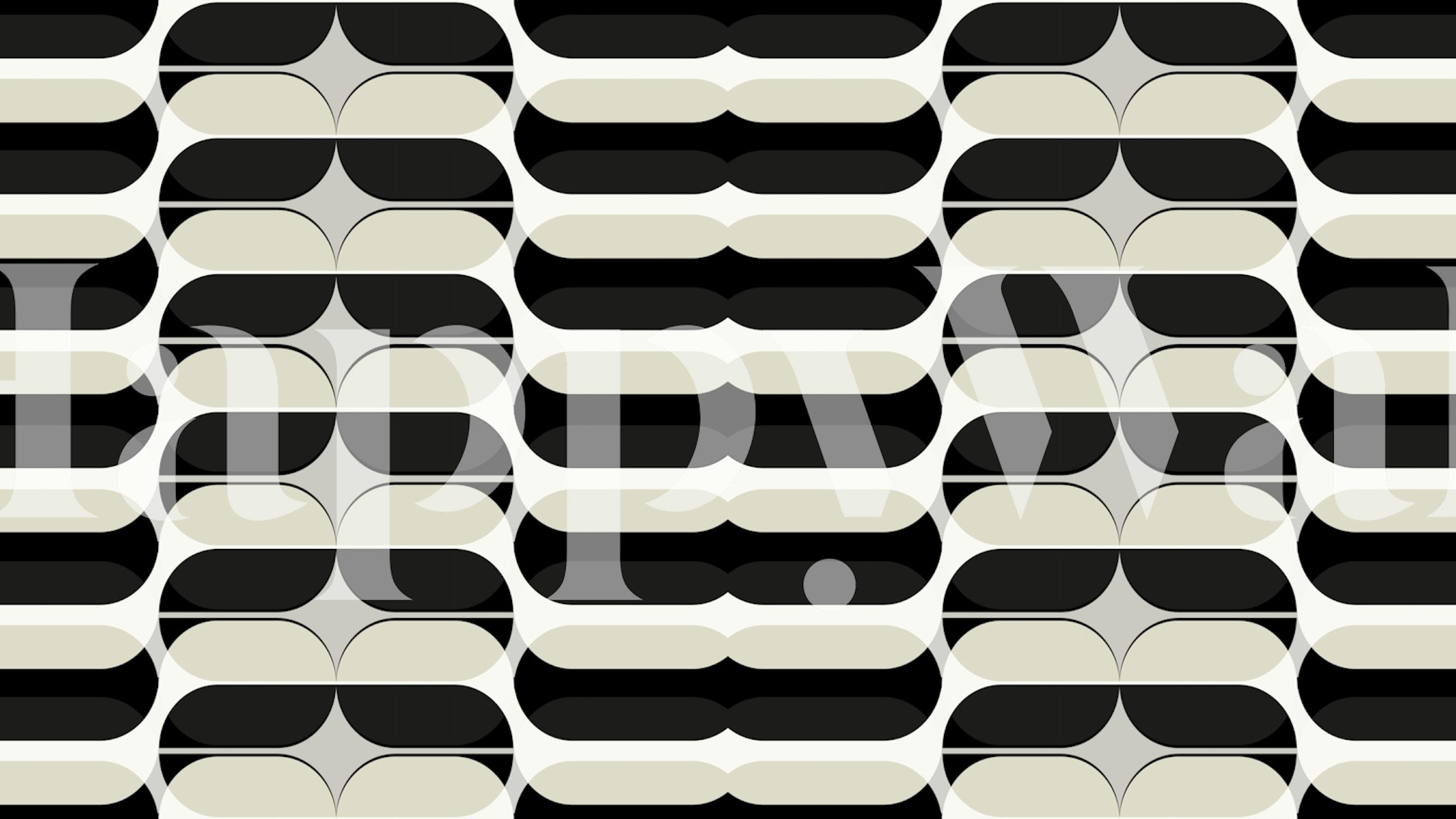 Mural de parede com padrão geométrico abstrato em preto e branco, inspirado no design moderno de meados do século.