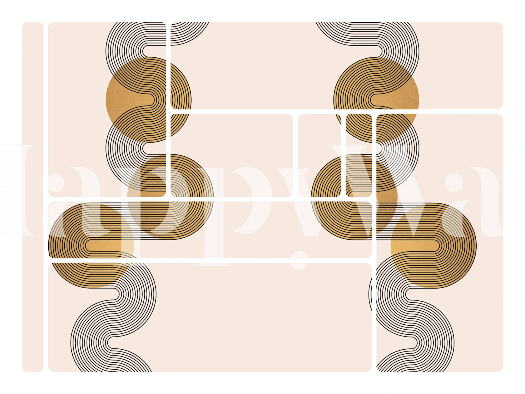 Curvy lines and circular shapes in beige and gold wallpaper