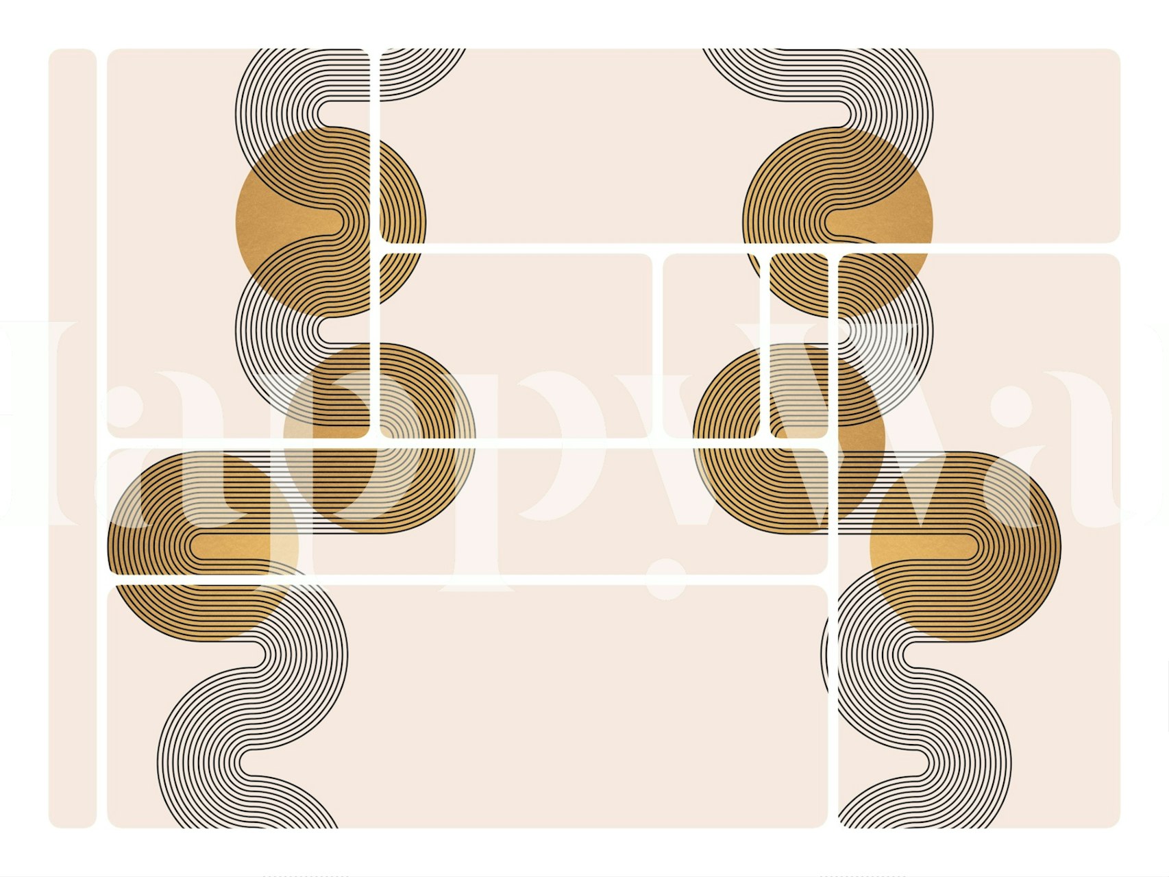 Τοιχογραφία τοίχου με καμπύλες γραμμές εμπνευσμένη από το Bauhaus σε παστέλ τόνους με χρυσές πινελιές