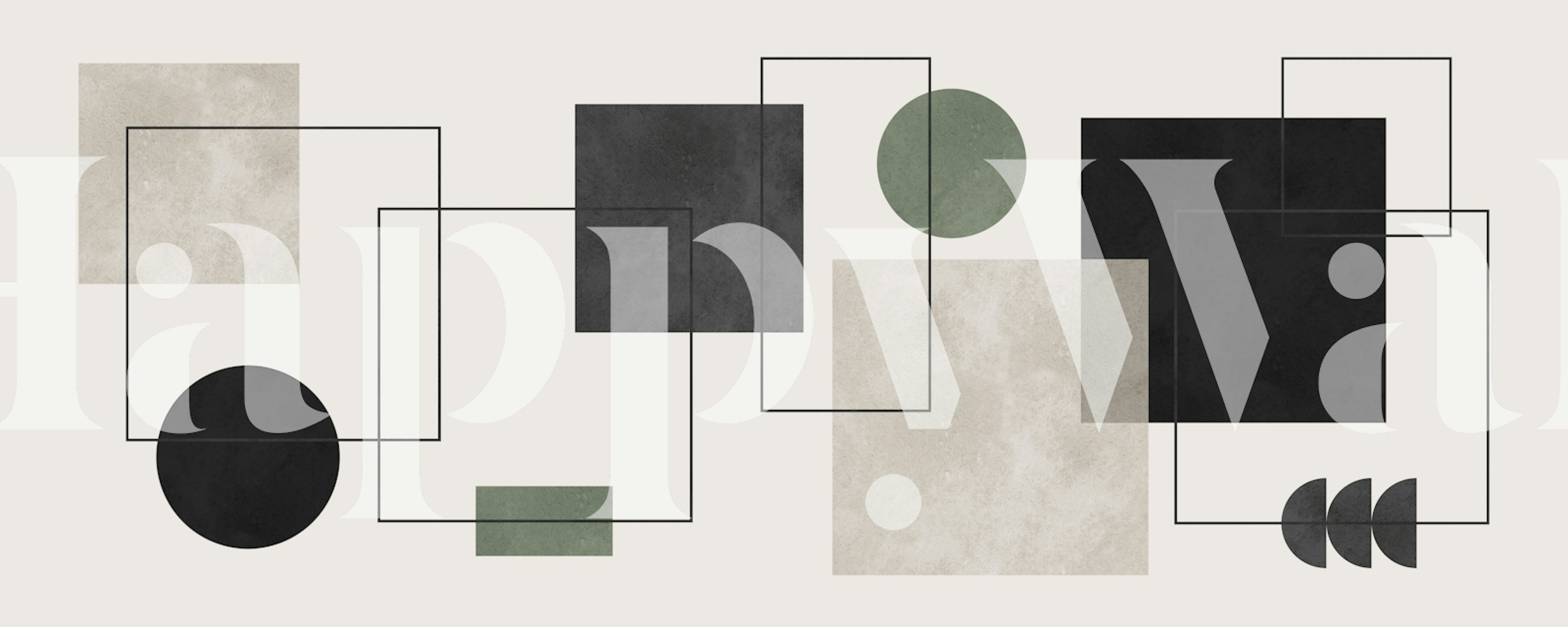 Abstract geometric wall mural with lines and squares in neutral and black tones