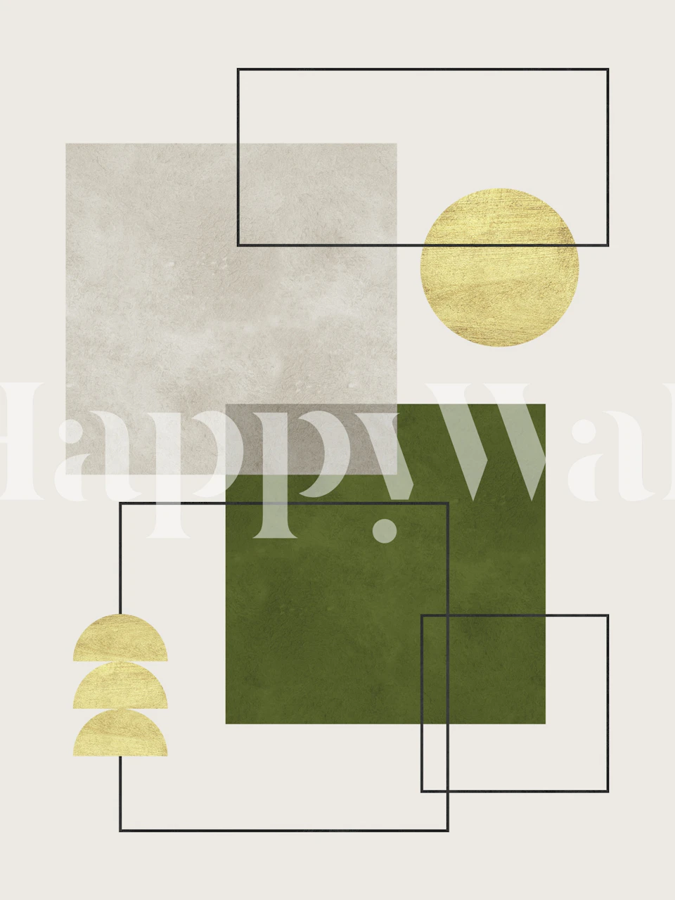 Abstract geometric wall mural with lines, squares, and a circular motif in neutral tones