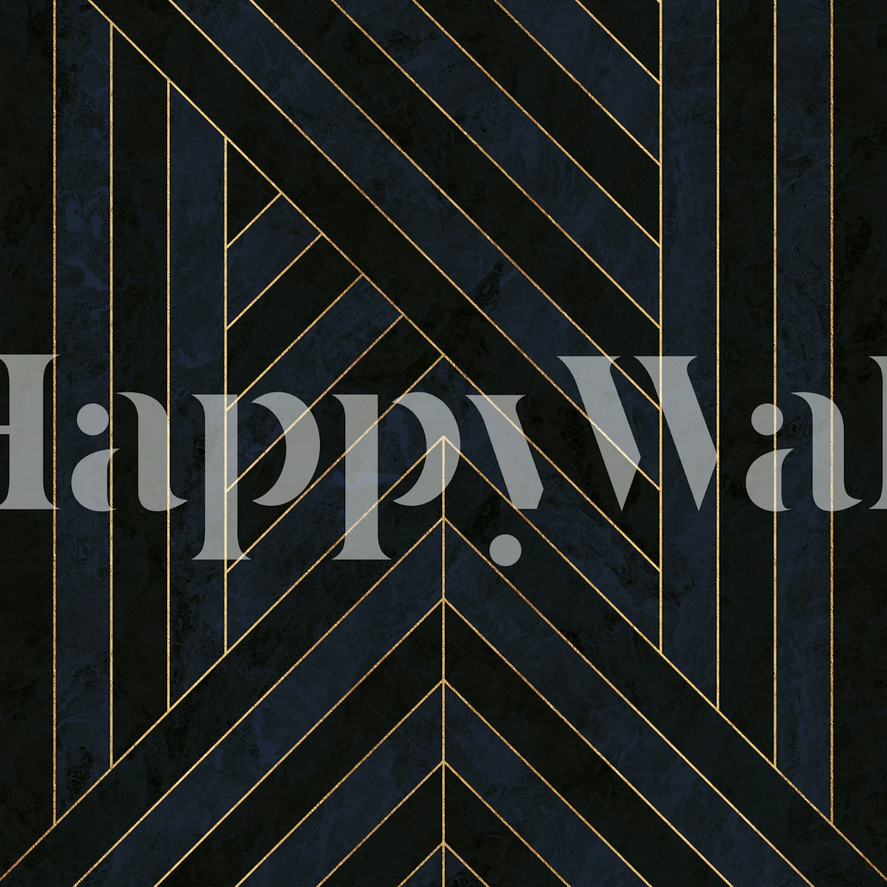 Navy blue and gold line art mosaic wall mural with geometric design