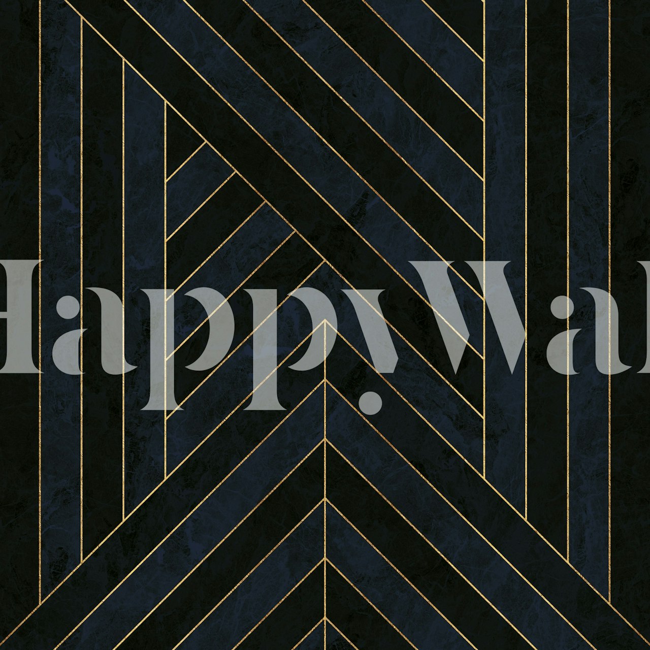 Navy blue and gold line art mosaic wall mural with geometric design