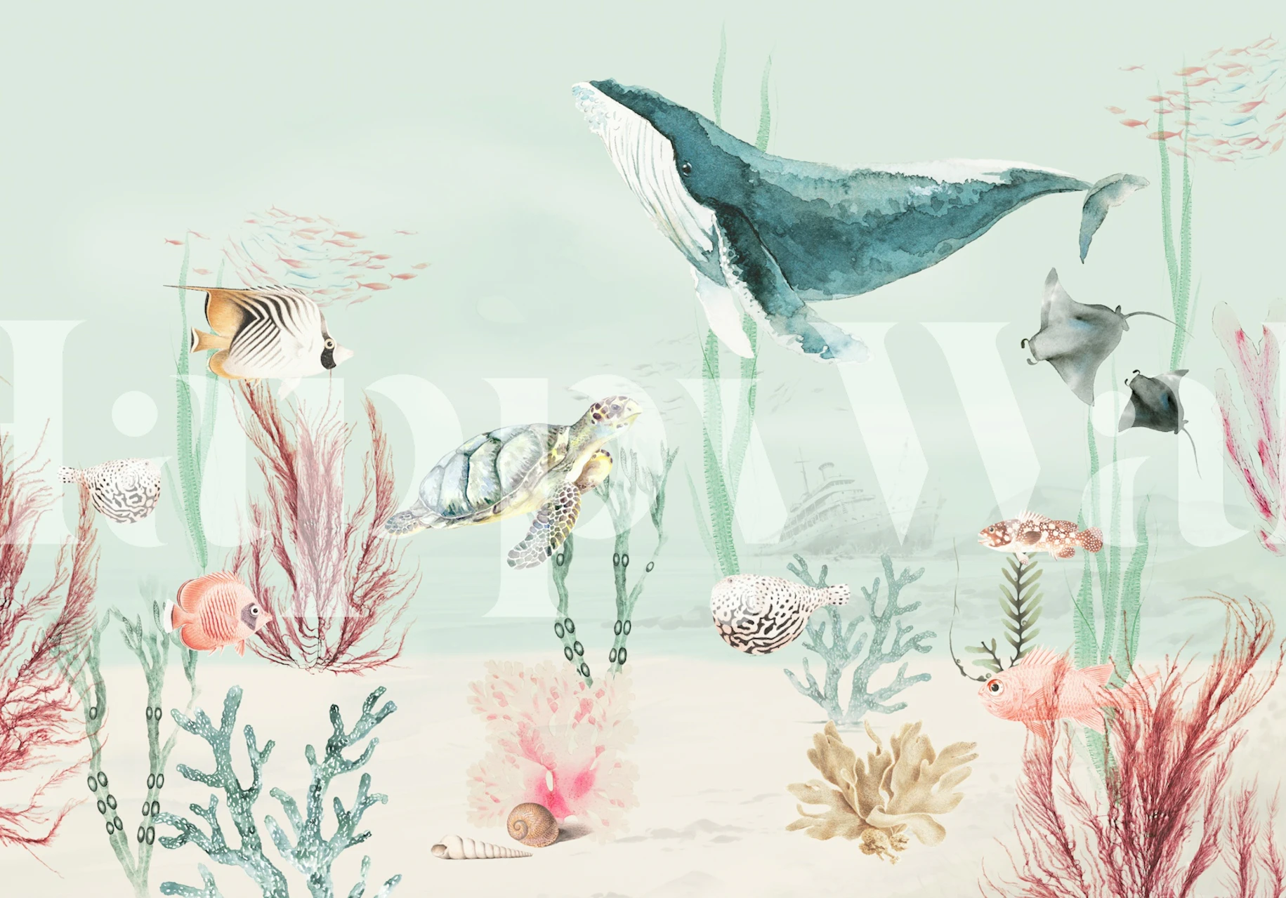 Aqua Adventures Mint wall mural with stylized underwater sea life