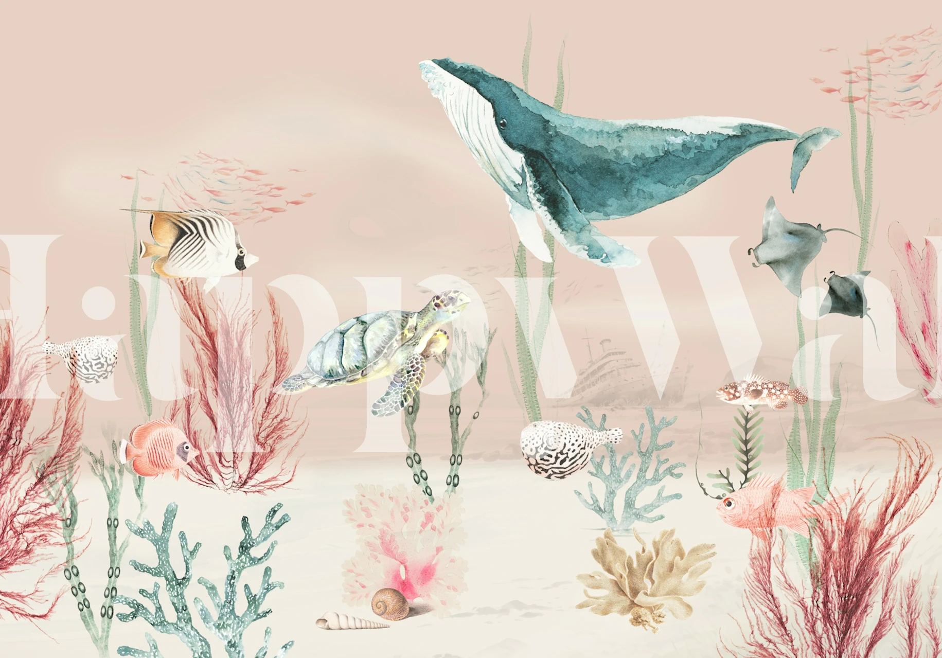 Marine life and coral in pink and aqua wallpaper