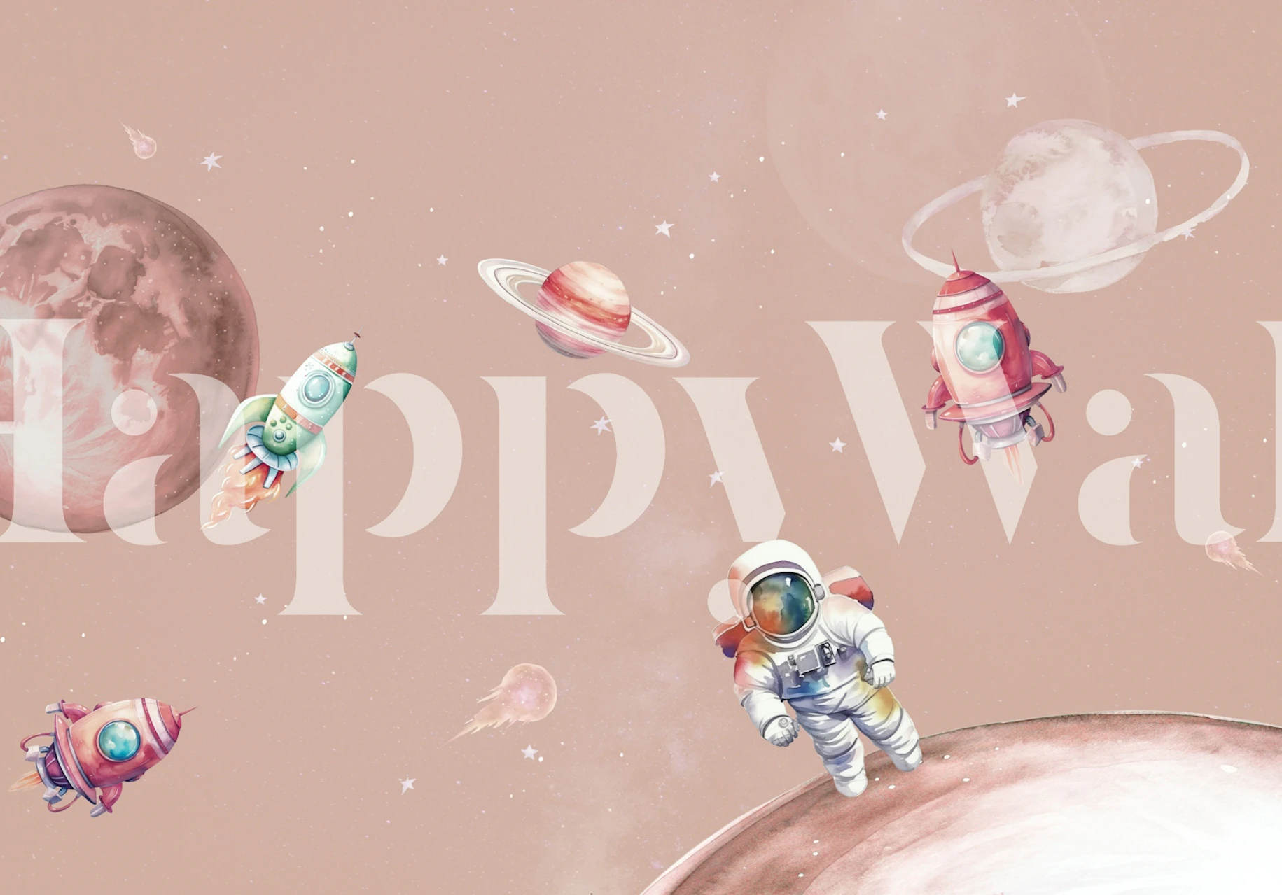 Astronauts and colorful rockets in a blush galaxy wallpaper