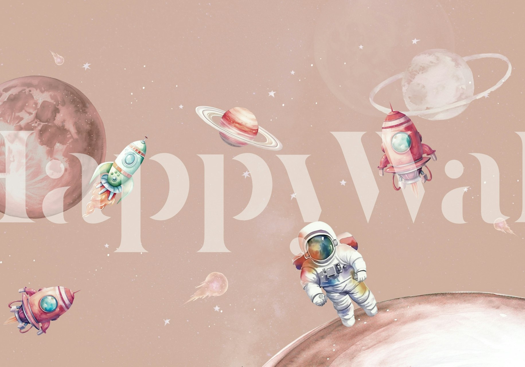 Astronauts and colorful rockets in a blush galaxy wallpaper