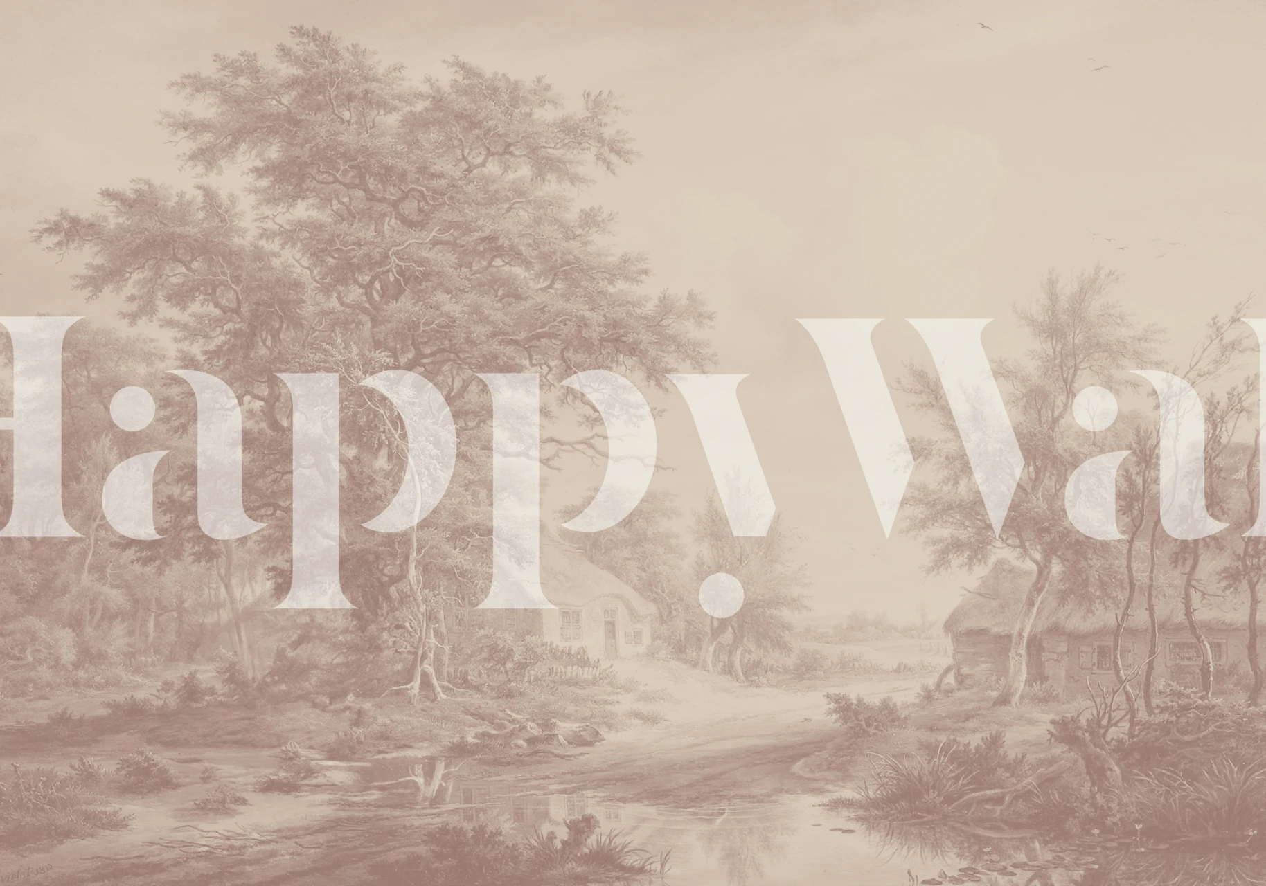 Scenic landscape wallpaper with trees and a river in soft blush colors, vintage art style