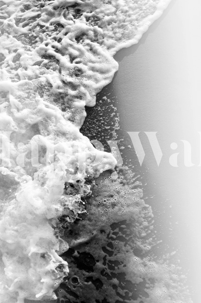 Monochrome ocean waves wall mural with gentle and foamy white surf rolling onto the shore