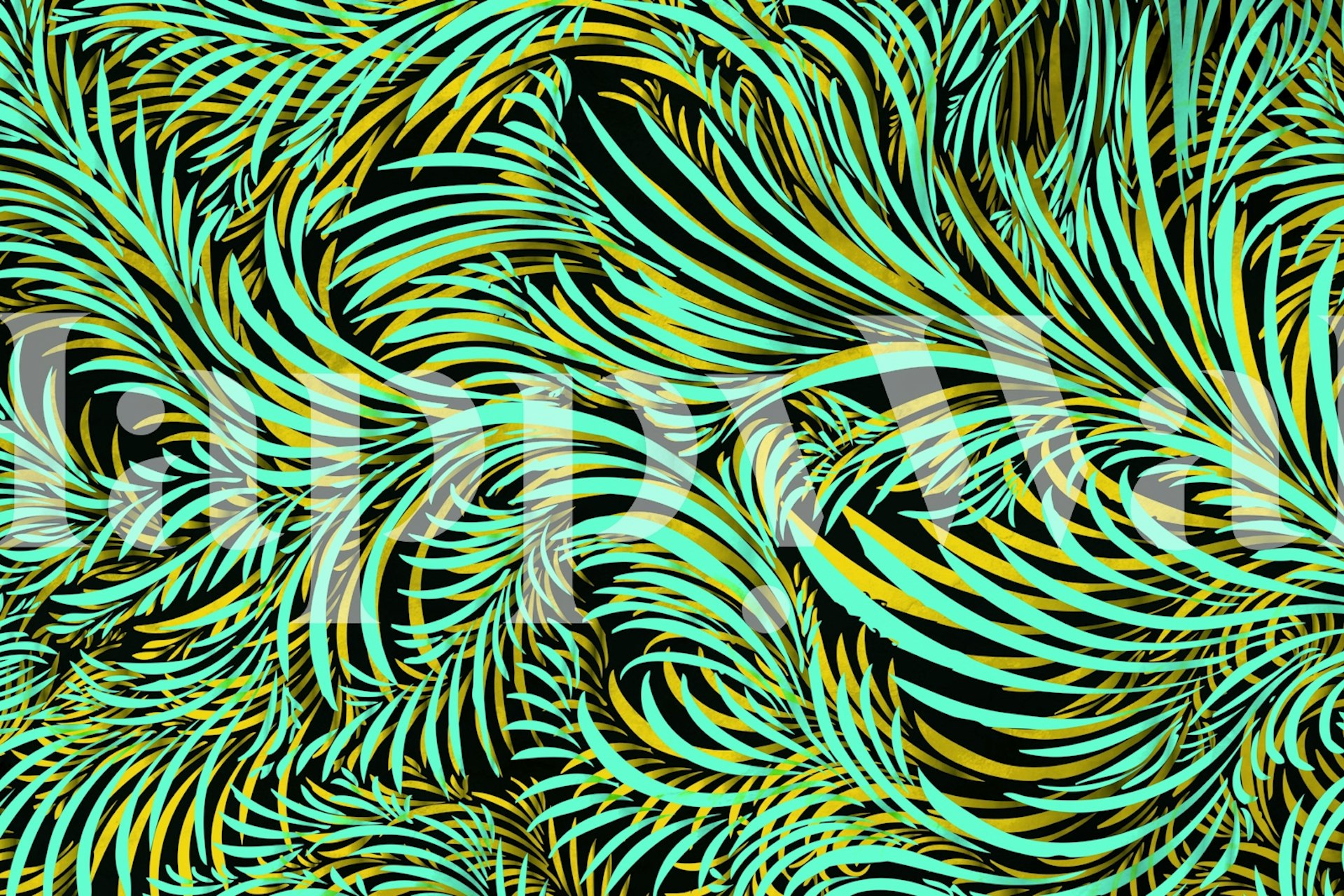 Tropical palm leaves in green and turquoise on black background wallpaper
