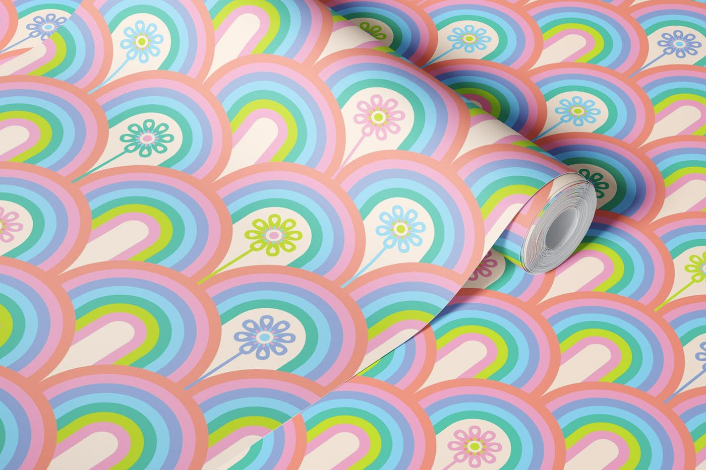 RAINBOW FLORAL Retro Scandi Pastel Flowers wallpaper roll